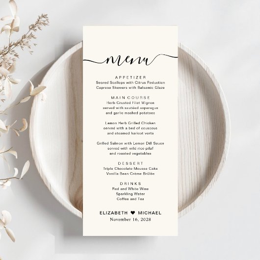 Menu Réception de mariage chic écriture cream