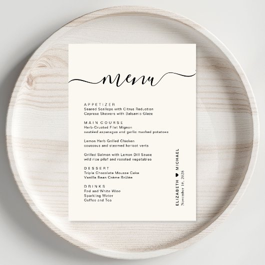 Menu Réception de mariage chic écriture cream