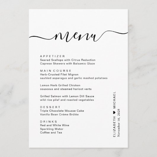 Menu Réception de mariage Chic Script (Devant)