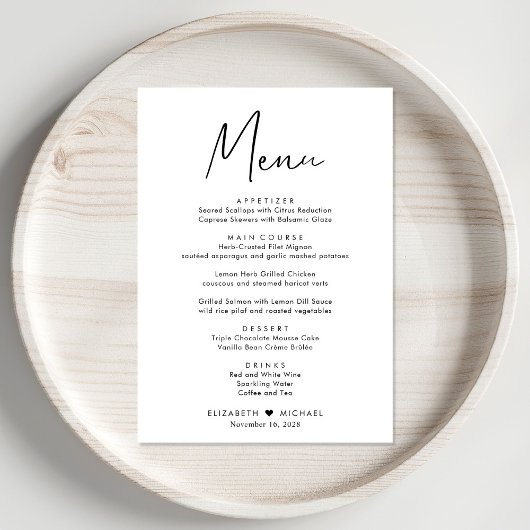 Menu Réception de mariage Chic Script