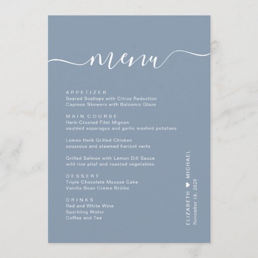 Menu Réception de mariage Chic Script Bleu Poussiéreux (Devant)