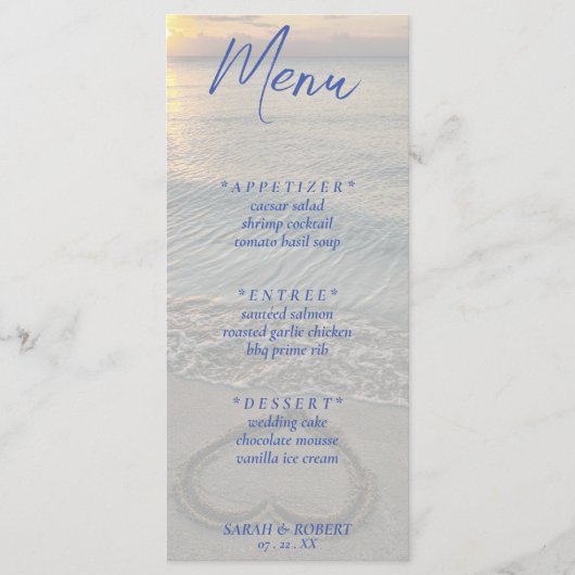 Menu Réception De Mariage De Coeur De Sable De Plage (Devant)