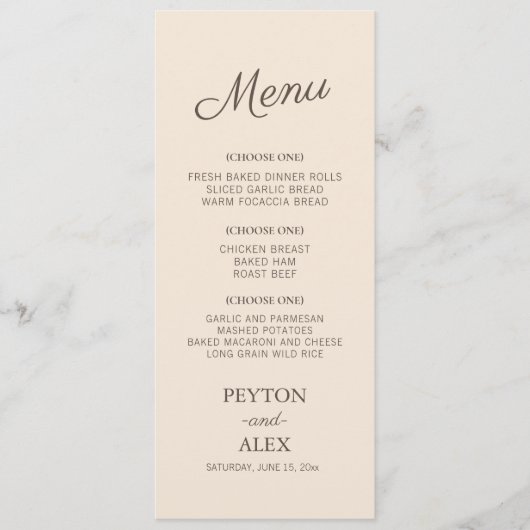 Menu Réception De Mariage De Crème De Script Cursif Mod (Devant)