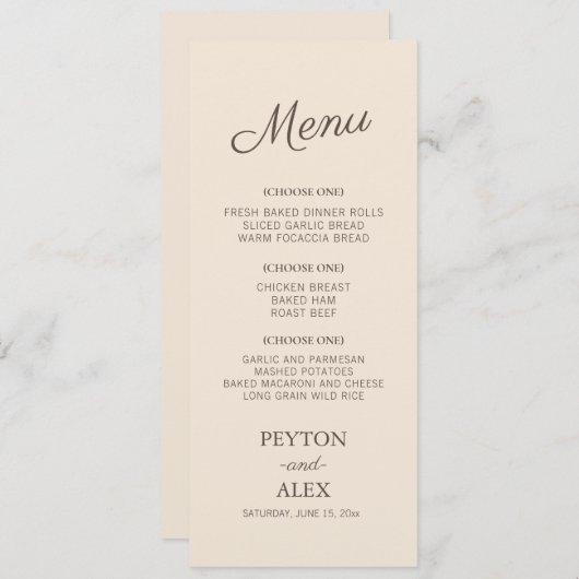 Menu Réception De Mariage De Crème De Script Cursif Mod (Devant / Derrière)