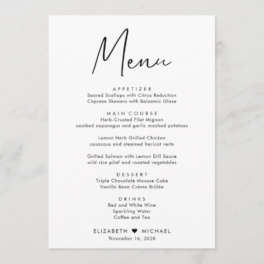 Menu Réception De Mariage De Script Chic (Devant)
