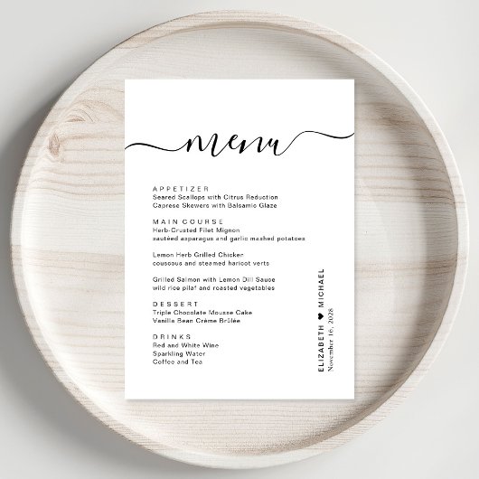 Menu Réception De Mariage De Script Chic