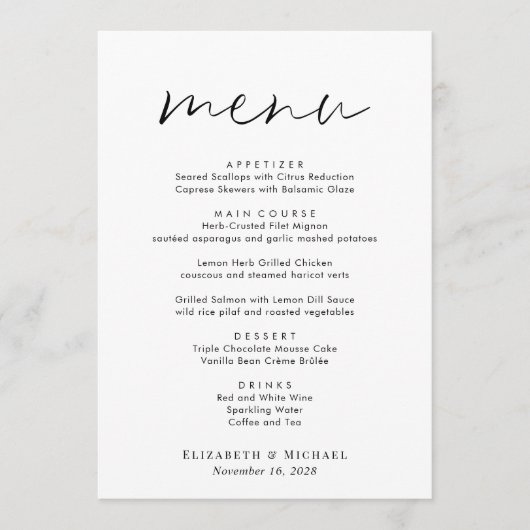 Menu Réception De Mariage De Script Chic (Devant)