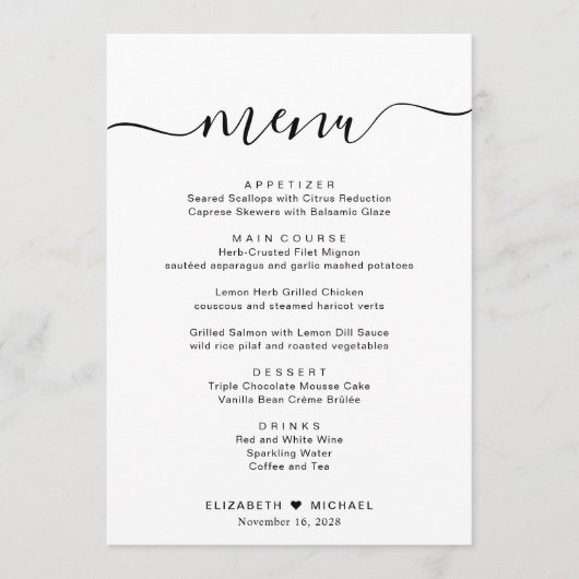 Menu Réception De Mariage De Script Élégante (Devant)