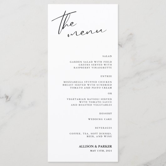 Menu Réception De Mariage De Script Minimaliste (Devant)