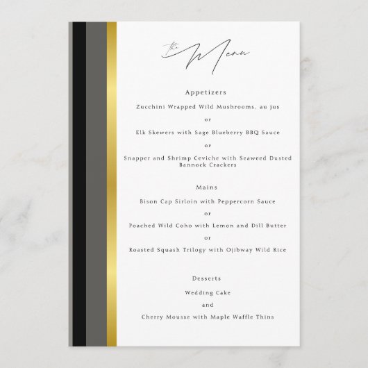 Menu Réception de mariage élégante avec rayures noires (Devant)