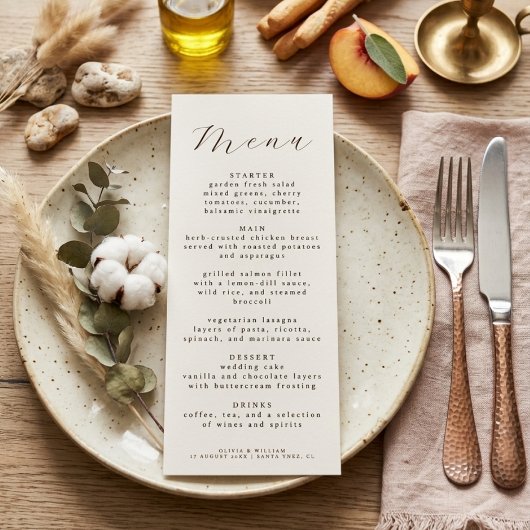 Menu Réception de mariage élégante et rustique pour le