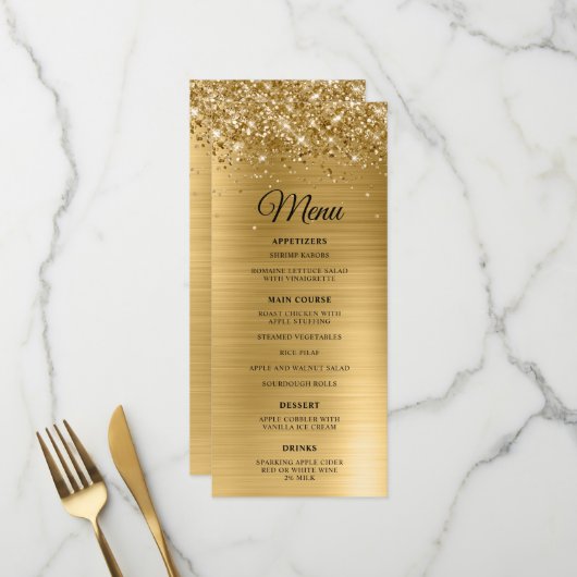 Menu Réception de mariage en feuille d'or scintillante (Devant/Arrière en situation)