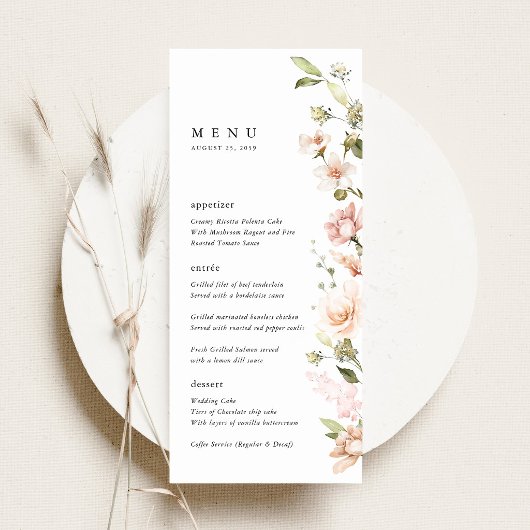 Menu Réception de mariage florale rose pêche pour dîner