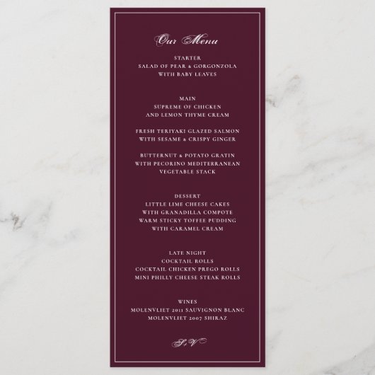 Menu Réception de mariage formelle en Bourgogne (Devant)
