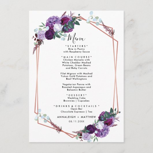 Menu Réception de mariage géométrique à fleurs violette (Devant)