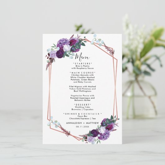 Menu Réception de mariage géométrique à fleurs violette (Debout devant)