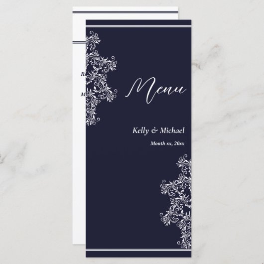 Menu Réception de mariage Marine et Blanc Élégant (Devant / Derrière)
