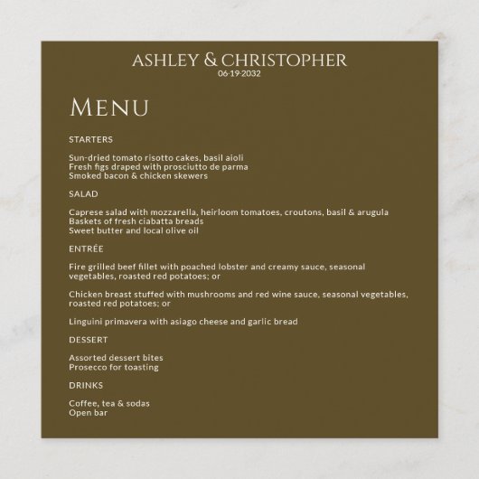 Menu Réception de mariage minimale en bronze foncé mode (Devant)