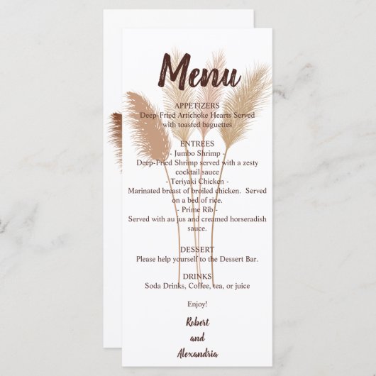 Menu Réception de mariage | Pampas Grasse (Devant / Derrière)