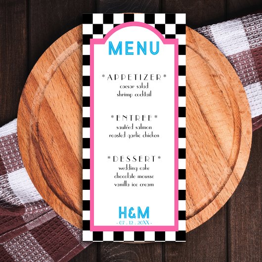 Menu Réception de mariage rose Retro Diner Checkerboard