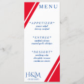 Menu Réception de mariage rouge blanc et bleu en bande (Devant)
