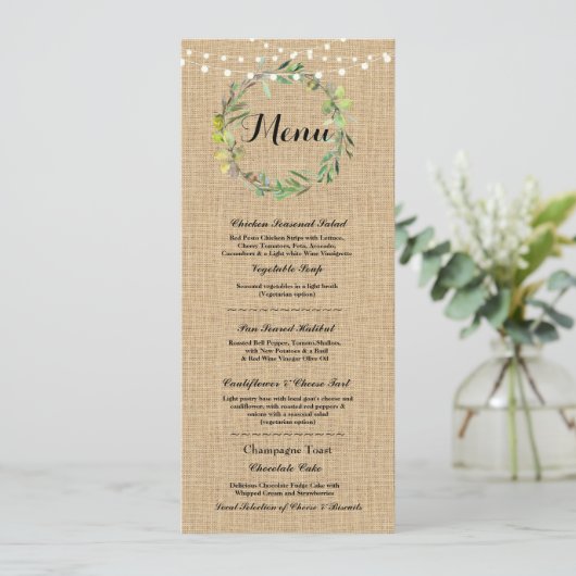 Menu Réception de Mariage Rustique Burlap Fleurs L (Debout devant)