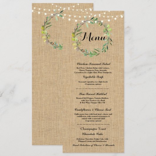 Menu Réception de Mariage Rustique Burlap Fleurs L (Devant / Derrière)