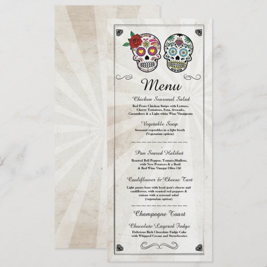 Menu Réception de Mariage Rustique Crânes de Sucre (Devant / Derrière)