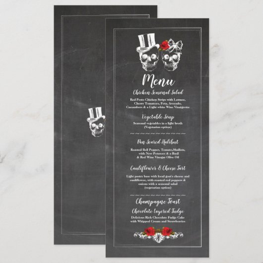Menu Réception de Mariage Rustique Crânes Roses Me (Devant / Derrière)