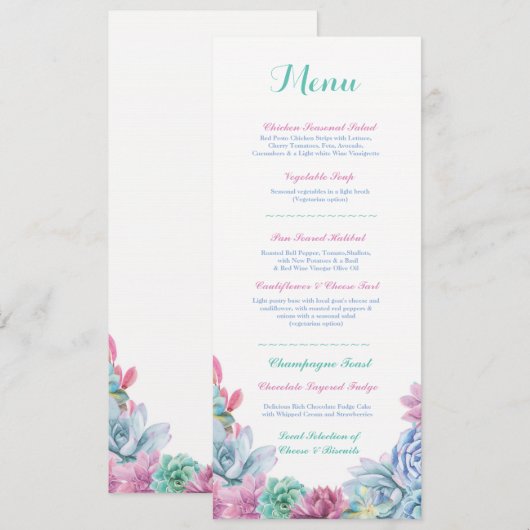 Menu Réception de Mariage Rustique Pastel Succulen (Devant / Derrière)