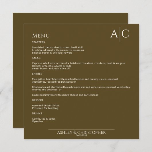 Menu Réception de mariage simple en bronze foncé (Devant / Derrière)