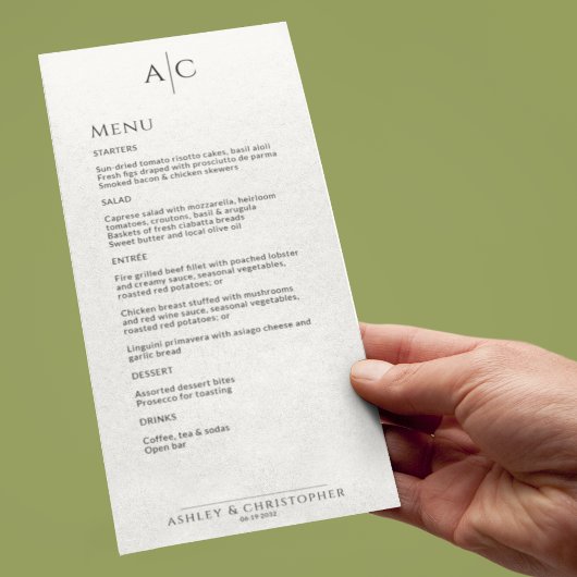 Menu Réception de mariage simple Noir & Blanc Monogramm