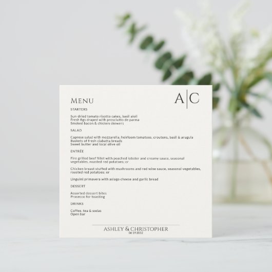 Menu Réception de mariage simple Noir & Blanc Monogramm (Debout devant)