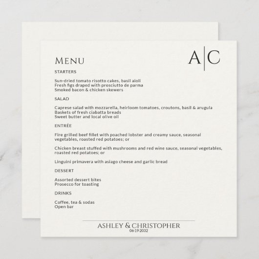 Menu Réception de mariage simple Noir & Blanc Monogramm (Devant / Derrière)