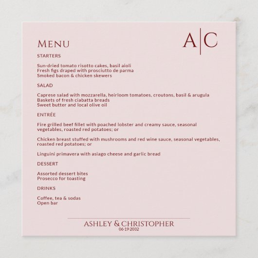 Menu Réception de mariage simple pour bébé et Rose mono (Devant)