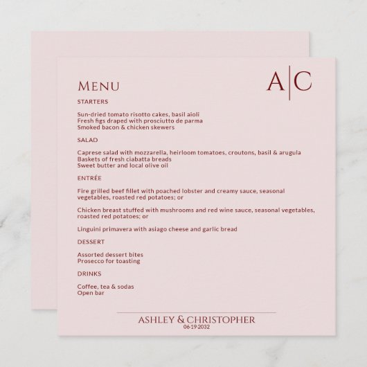 Menu Réception de mariage simple pour bébé et Rose mono (Devant / Derrière)