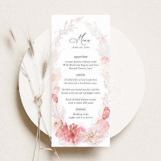 Menu Réception de mariage sur la plage rose avec coquil