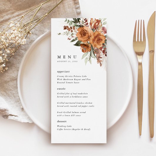 Menu Réception de mariage Terracotta Boho Rose Dîner