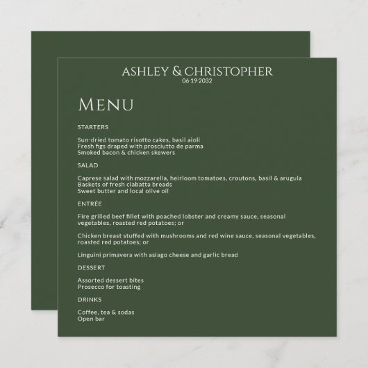 Menu Réception De Mariage Vert Moss Sombre Moderne (Devant / Derrière)