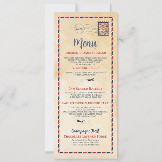 Menu Réception de Mariage Voyage Carte Postale (Devant)