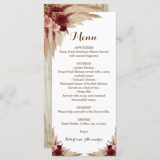 Menu Réception Mariage Pampas Grass (Devant / Derrière)