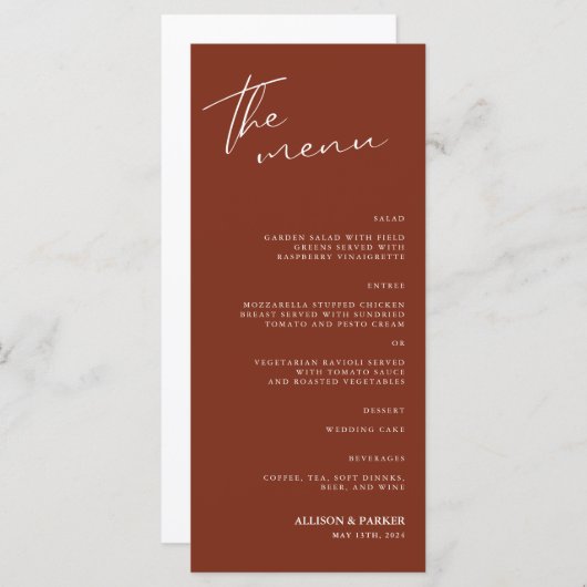Menu Réception Mariage Script Minimaliste (Devant / Derrière)