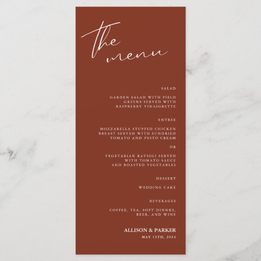 Menu Réception Mariage Script Minimaliste (Devant)