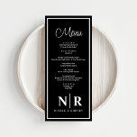 Menu Réception Monogramme mariage Ou Dîner Fiançailles<br><div class="desc">Présentez notre Mariage noir et blanc Monogram Réception ou dîner Fiançailles Menus, l'incarnation de l'élégance intemporelle et de la sophistication personnalisée pour votre célébration spéciale. Conçus avec une attention minutieuse aux détails, ces menus rehaussent votre réception ou votre dîner fiançailles par leur design épuré noir et blanc, créant une ambiance...</div>
