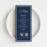 Menu Réception Monogramme mariage Ou Dîner Fiançailles<br><div class="desc">Faites-vous plaisir avec nos menus d'accueil Monogram Mariage bleu et blanc ou Diner Menus Fiançailles, un mélange parfait d'élégance et de personnalisation. Conçus avec un décor bleu marine sophistiqué et des accents blancs immaculés, ces menus ajoutent une touche de charme raffinée à votre mariage, à votre dîner de répétition ou...</div>