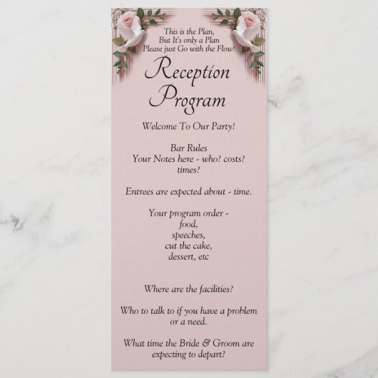 Menu Reception Program - Pink Roses & Doves Wedding (Devant)