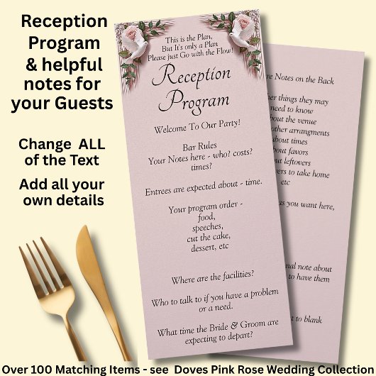 Menu Reception Program - Pink Roses & Doves Wedding