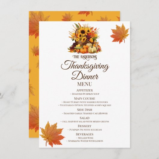 Menu Récolte Bouquet&Automne Feuilles Thanksgiving Dîne (Devant / Derrière)