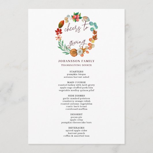 MENU RÉCOLTER AUTOMNE CITROUILLE WREATH MERCI DÎNER (Devant)