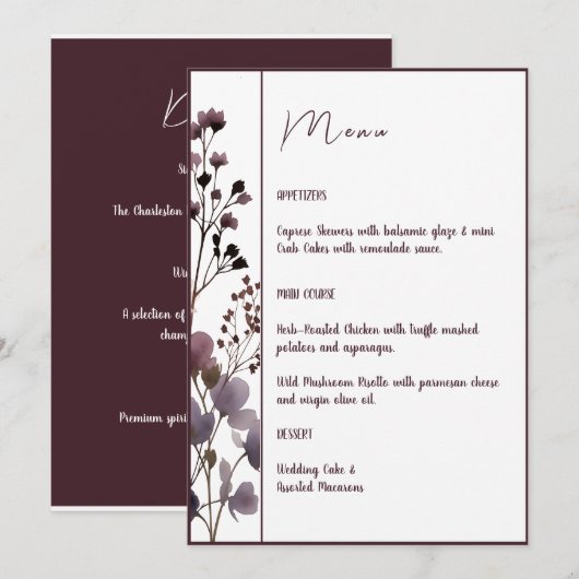 Menu Red Blush Floral Wedding Elegant Romantic (Devant / Derrière)